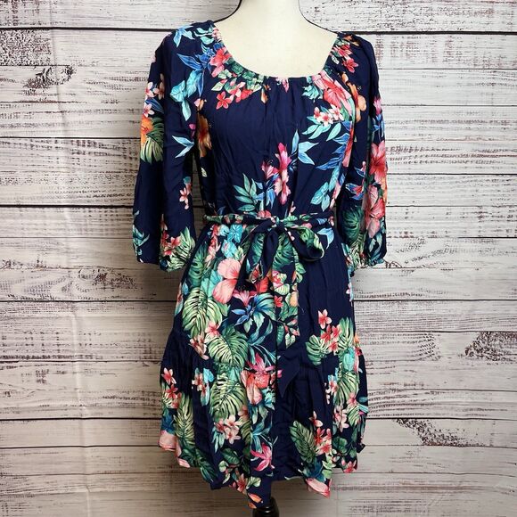 Tommy Bahama Flora Off Shoulder Dress Coverup XS Navy Belt Tropical Hawaiian NWT - Picture 5 of 16